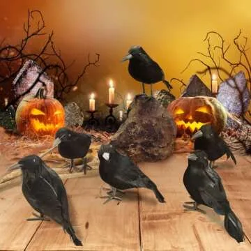 GCNBCNB 6 Pack Halloween Crow Decorations - Realistic Black-Feathered Crows Halloween Decorations, Halloween Crows and Ravens Decor,Scary Black Ravens Birds for Indoor Outdoor Decorations
