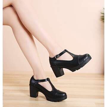 DADAWEN Women's Classic T-Strap Platform Mid-Heel Square Toe Oxfords Dress Shoes Black US Size 6