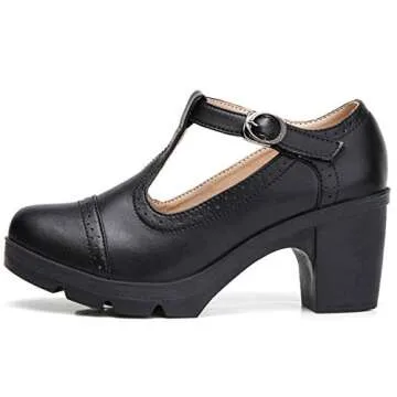 DADAWEN Women's Classic T-Strap Platform Mid-Heel Square Toe Oxfords Dress Shoes Black US Size 6