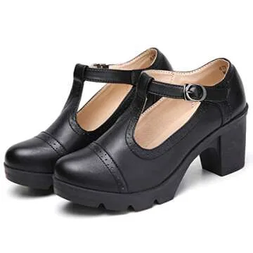DADAWEN Women's Classic T-Strap Platform Mid-Heel Square Toe Oxfords Dress Shoes Black US Size 6
