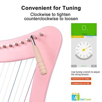 Lyre Harp,15 strings 22 inch Solid Birchwood Musical Instrument Height For Adult Kids Beginner with Tuning Wrench Black Gig Bag Strap(Pink)
