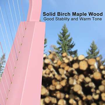 Lyre Harp,15 strings 22 inch Solid Birchwood Musical Instrument Height For Adult Kids Beginner with Tuning Wrench Black Gig Bag Strap(Pink)