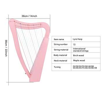 Lyre Harp,15 strings 22 inch Solid Birchwood Musical Instrument Height For Adult Kids Beginner with Tuning Wrench Black Gig Bag Strap(Pink)