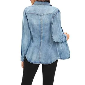 ETTELO Denim Shirt For Women Long Sleeve Cotton Lightweight Fashion Denim Jacket For Women-2 Pockets