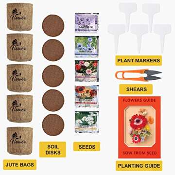 Indoor Daisy Garden Starter Kit with Gardening Tools - Jute Bags, Markers, Soil Disks and Shears, Ho...