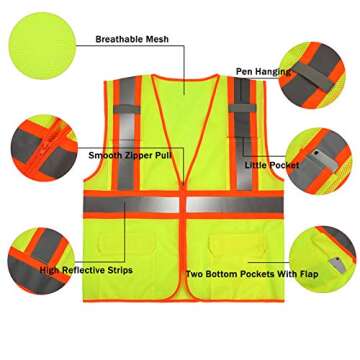 SULWZM High Visibility Reflective Safety Vest with Zipper and Pockets Yellow,XXL