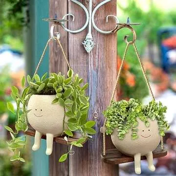 HUNTHAWK Swing Face Planter Pot Hanging Resin Flower Head Planters for Indoor and Outdoor Plants, Succulent Pots for String of Pearls Plant - Ideal Gifts for Mother's Day and Christmas
