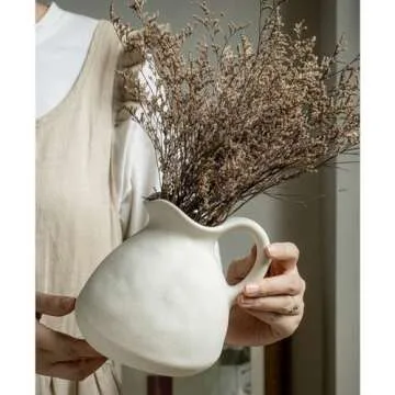 XIUWOUG White Ceramic Vase with Handle,Ceramic Pitcher Vase for Flowers,Farmhouse Vase for Table Centerpieces,Rustic Ceramic Pitchers for Shelf Decor,Living Room Decor,Gift,A
