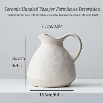 XIUWOUG White Ceramic Vase with Handle,Ceramic Pitcher Vase for Flowers,Farmhouse Vase for Table Centerpieces,Rustic Ceramic Pitchers for Shelf Decor,Living Room Decor,Gift,A