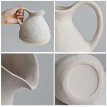 XIUWOUG White Ceramic Vase with Handle,Ceramic Pitcher Vase for Flowers,Farmhouse Vase for Table Centerpieces,Rustic Ceramic Pitchers for Shelf Decor,Living Room Decor,Gift,A