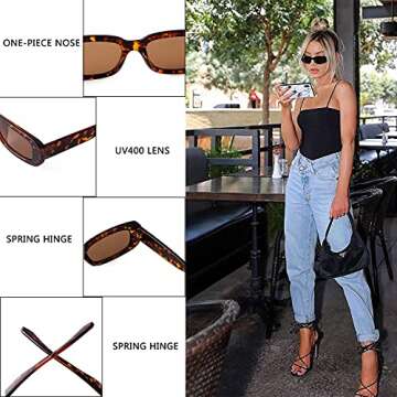 JUDOO Rectangle Sunglasses for Women Vintage Fashion Narrow Square Frame with UV400 Protection ((2 pack) Black+Tortoise Frame Brown Lens)