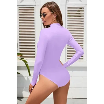 SHEIUGU Women's Mock Turtle Neck Long Sleeve Bodysuit Soft Slim Fit Stretchy Layer Top Classic Jumpsuit(Lavender-Large)