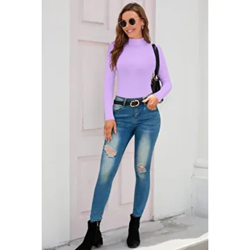 SHEIUGU Women's Mock Turtle Neck Long Sleeve Bodysuit Soft Slim Fit Stretchy Layer Top Classic Jumpsuit(Lavender-Large)