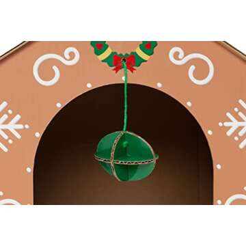 Furhaven Cardboard Cat House w/ Catnip for Indoor Cats, Ft. Scratching Pad & Hanging Toys - Decorated Gingerbread House Holiday Cat Scratcher Hideout - Christmas Print, One Size