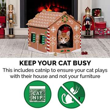 Furhaven Cardboard Cat House w/ Catnip for Indoor Cats, Ft. Scratching Pad & Hanging Toys - Decorated Gingerbread House Holiday Cat Scratcher Hideout - Christmas Print, One Size