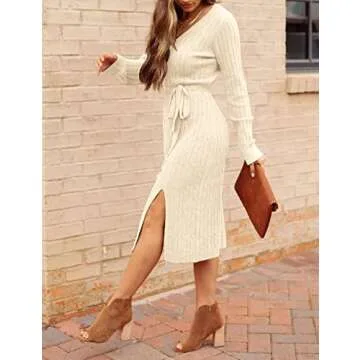 MEROKEETY Women's V Neck Cable Knit Sweater Dress - Stylish Comfort