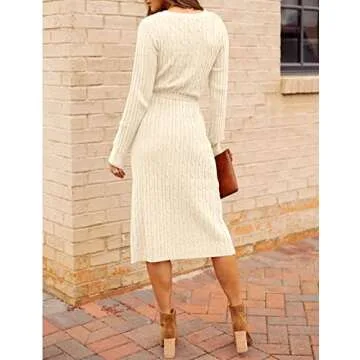 MEROKEETY Women's V Neck Cable Knit Sweater Dress - Stylish Comfort