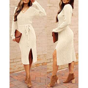 MEROKEETY Women's Casual V Neck Cable Knit Sweater Dress Long Sleeve Solid Color Pullover Midi Dress,Apricot,S