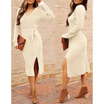 MEROKEETY Women's V Neck Cable Knit Sweater Dress - Stylish Comfort