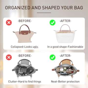 Doxo Long Champ Organizer Insert, Bag Organizer Insert for le pliage Large and More, Lightweight Waterproof DupontPaper, Keeps Handbags Shaped & Neat, 6 Compartments, 4 Size (Black, L)