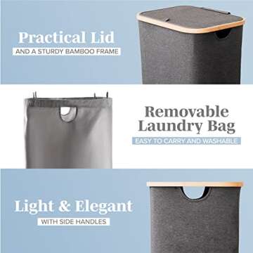 Lonbet - Laundry Hamper with Lid Cover - Sturdy Tall Bamboo Laundry Basket Clothes Organizer - Aesthetic Bedroom Fabric Bin - Big Bathroom Dirty Clothes Hamper - Removable Bag - XL 100 Liters - Grey