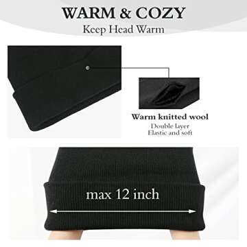 2PCS Beanie for Men, Stretchy Soft Cuffed Wooly Beanie with Thick Warm Lining, Unisex Classic Winter Hat, Gifts for Women Men Her Him Dad (Black and White)