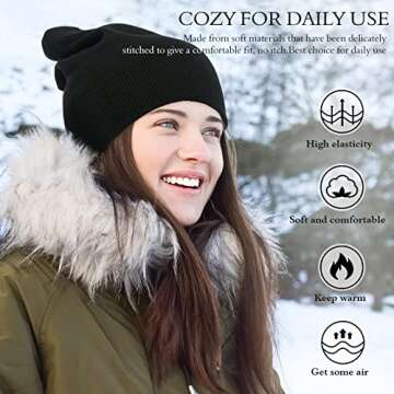 2PCS Beanie for Men, Stretchy Soft Cuffed Wooly Beanie with Thick Warm Lining, Unisex Classic Winter Hat, Gifts for Women Men Her Him Dad (Black and White)