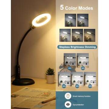 10X Magnifying Glass with Light and Stand, LED 5 Color Modes, Brightness Stepless Dimming Lighted Magnifier Hands Free, Flexible Gooseneck Desk Lamp with Clamp for Close Works, Crafts, Hobby, Painting