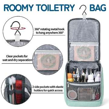 Della Gao Hanging Toiletry Bag for Men and Women, Portable Travel Makeup Bag Cosmetic Bag Toiletries Organizer, Bathroom Bag, Water Resistant Nylon - Green