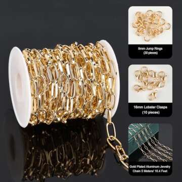 UMAOKANG 5 Meters Aluminum Jewelry Chain Roll Gold Plated Oval Paperclip Chains for Jewelry Making Men and Women Necklace DIY Jewelry Findings
