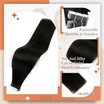Full Shine Tape in Hair Extensions Remy Hair 20Inch Seamless Invisible Tape in Extensions Color 1B O...
