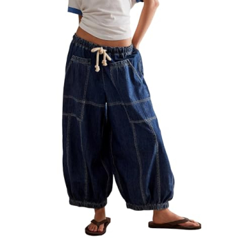 D-Sun Women Casual Loose Mid Rise Barrel Jeans Baggy Vintage Wide Leg Elastic Denim Pants Fashion Bo...