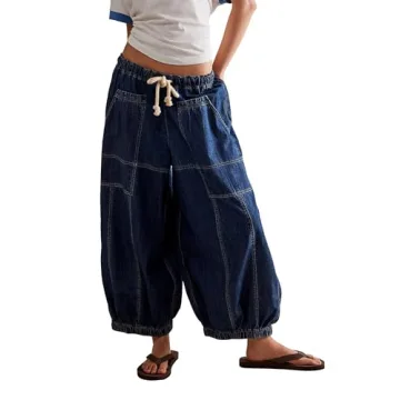 D-Sun Women Casual Loose Mid Rise Barrel Jeans Baggy Vintage Wide Leg Elastic Denim Pants Fashion Bo...