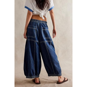 D-Sun Women Casual Loose Mid Rise Barrel Jeans Baggy Vintage Wide Leg Elastic Denim Pants Fashion Boyfriend Jeans Blue