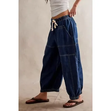 D-Sun Women Casual Loose Mid Rise Barrel Jeans Baggy Vintage Wide Leg Elastic Denim Pants Fashion Boyfriend Jeans Blue
