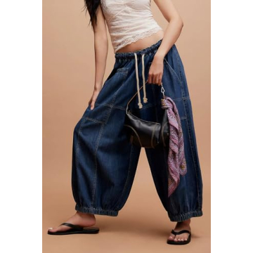 D-Sun Women Casual Loose Mid Rise Barrel Jeans Baggy Vintage Wide Leg Elastic Denim Pants Fashion Boyfriend Jeans Blue