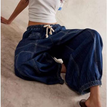 D-Sun Women Casual Loose Mid Rise Barrel Jeans Baggy Vintage Wide Leg Elastic Denim Pants Fashion Boyfriend Jeans Blue