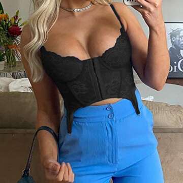 SAFRISIOR Sexy Lace Floral Garter Corset Top Hook And Eye Bustier Corset Criss Cross Back Crop Tank Cami Top