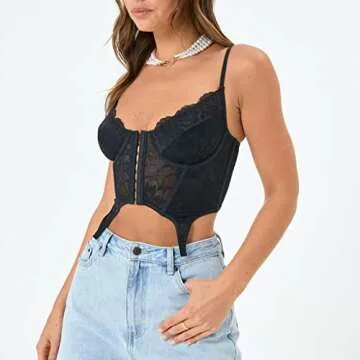 SAFRISIOR Sexy Lace Floral Garter Corset Top Hook And Eye Bustier Corset Criss Cross Back Crop Tank Cami Top