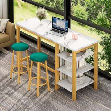 AWQM Bar Table Set with Storage Shelves, 47" White Modern Faux Marble Breakfast Table with 2 Velvet ...