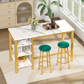 AWQM 3-Piece Dining Set with Marble Table and Stools