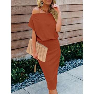 MEROKEETY Women's Off The Shoulder Short Sleeve Ribbed Dresses Casual Party Bodycon Midi Dress, Caramel, S