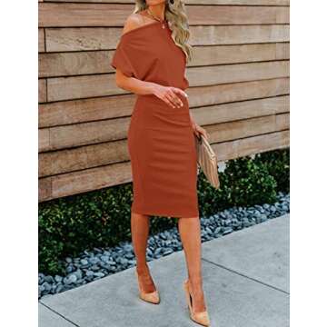 MEROKEETY Women's Off The Shoulder Short Sleeve Ribbed Dresses Casual Party Bodycon Midi Dress, Caramel, S