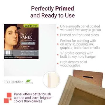 Ampersand Art Supply Wood Gesso Artist Painting Panel - Primed Smooth, 8" x 10", 3/8" Flat Profile
