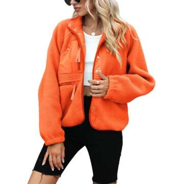 Yanekop Womens Fleece Jacket Fuzzy Long Sleeve Short Coats Button Down Sherpa Outerwear with Pockets(A Neon Orange,L)