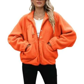 Yanekop Womens Fleece Jacket Fuzzy Long Sleeve Short Coats Button Down Sherpa Outerwear with Pockets(A Neon Orange,L)