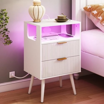 JOONEE White Nightstand with Charging Station and LED Lights,Modern Bedside Table with 2 Storage Dra...