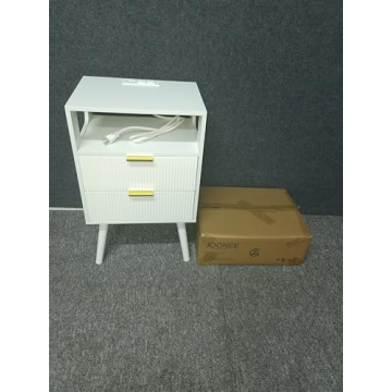 JOONEE White Nightstand with Charging Station and LED Lights,Modern Bedside Table with 2 Storage Drawer and Open Wood Shelf, for Bedroom and Small Spaces,Night Stand with Solid Wood Legs,White
