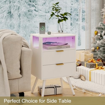 JOONEE White Nightstand with Charging Station and LED Lights,Modern Bedside Table with 2 Storage Drawer and Open Wood Shelf, for Bedroom and Small Spaces,Night Stand with Solid Wood Legs,White