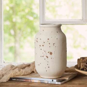 SIDUCAL Ceramic Rustic Farmhouse Flower Large Vase, Decorative White Boho Vase, Pottery Decorative V...